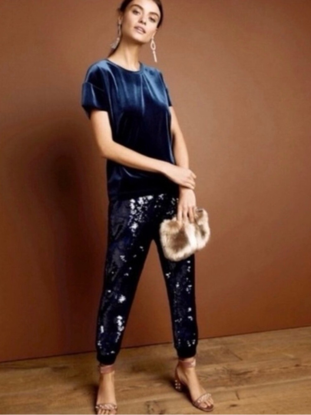 Anthropologie Ett:Twa Sequin Velvet Jogger Pants Navy Blue Sz M - Picture 2 of 8